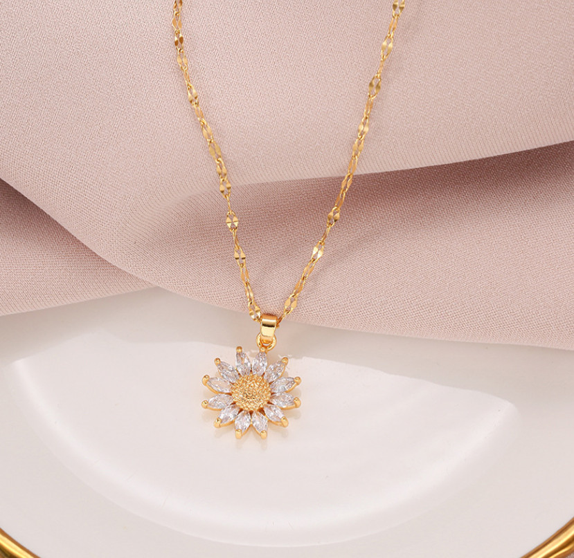 14K Gold Stainless Steel Sunflower CZ Pendant Necklace 16-18″ Chain Women AG