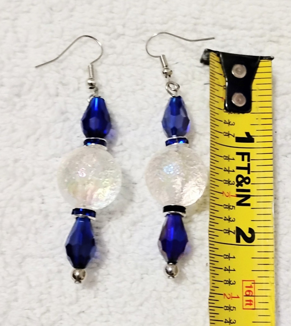 Handcrafted Jewelry Unique Facet Cut Sparkling Iridescent & Blue 2″ Earrings
