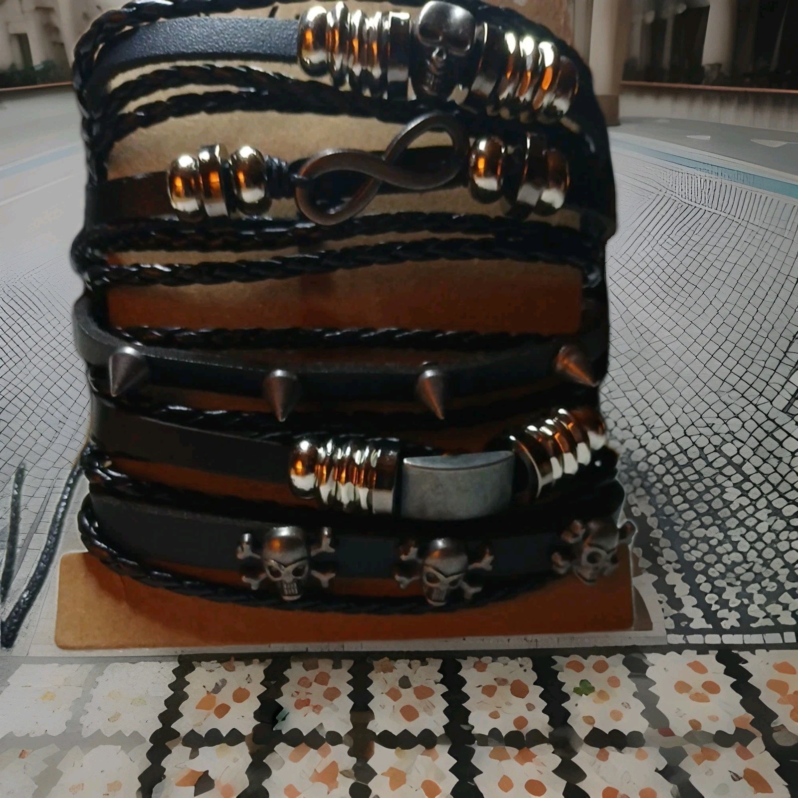 5PACK! LEATHER Tie Up Bracelets! 5 Styles, Skulls,spikes Goth,Biker