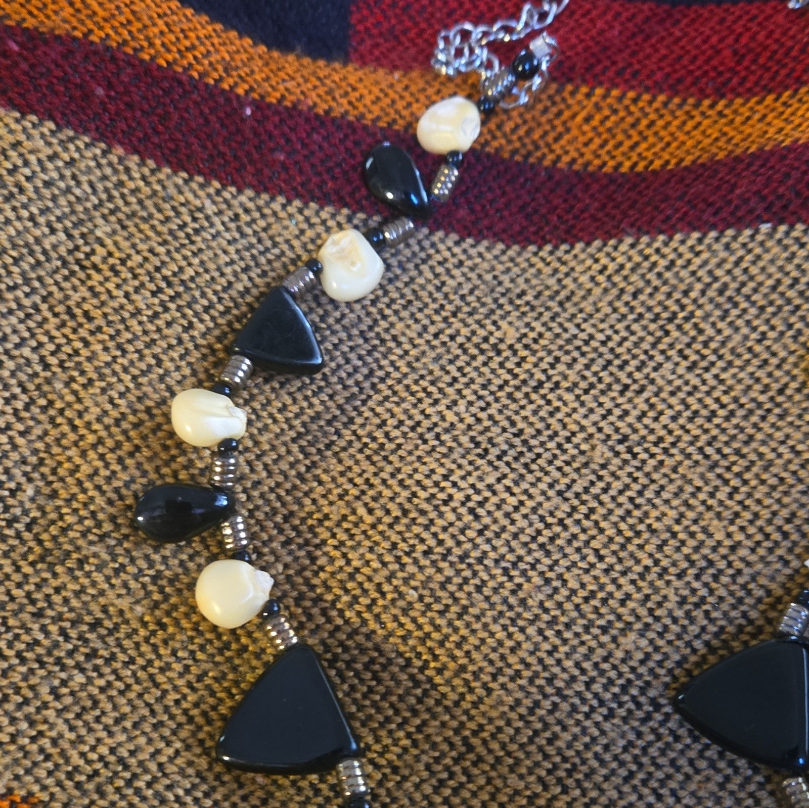 Silver Tone Black White Beaded Statement Necklace Cable Chain Adjustable Lobster
