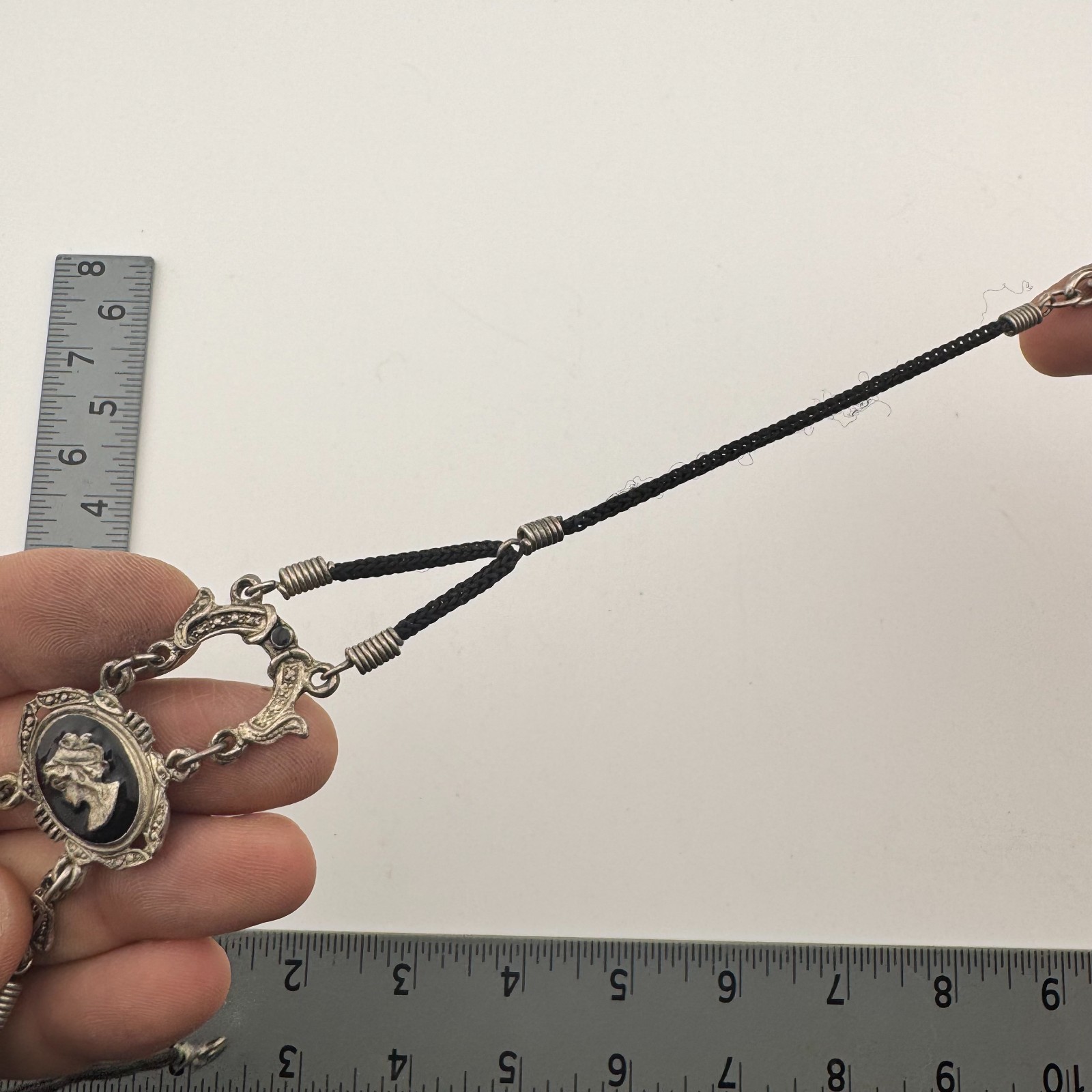 Vintage Black Cord Silver Tone Cameo Choker Necklace Adjustable 12-15 Inch