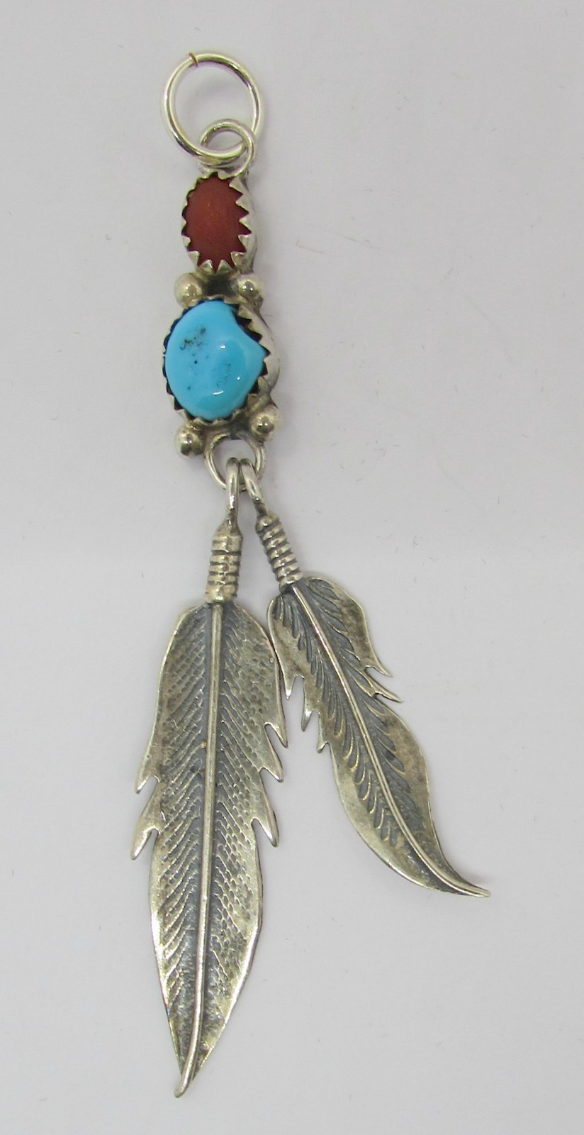 925 STERLING SILVER TURQUOISE RED CORAL 2 FEATHERS PENDANT 26X8MM ~ 3.8G