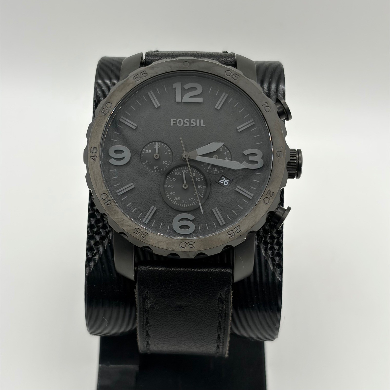 Fossil Chronograph Watch Mens OS Black Leather Nate JR1354 Sport