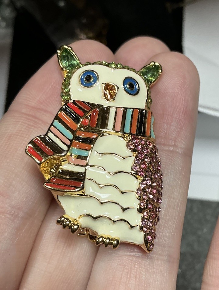 Talbots Owel Broach Enamel with Crystal Embellishment Gold Tone
