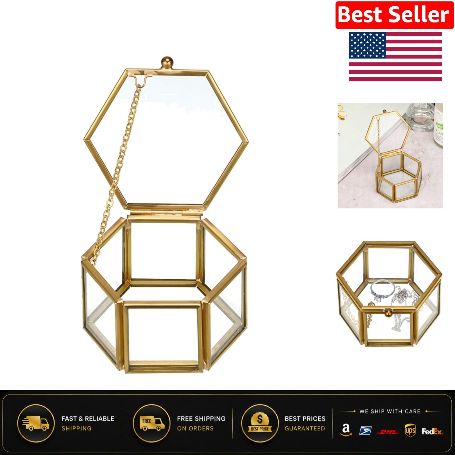 Stylish Vintage Jewelry Box – Gold Glass Keepsake Organizer for Rings & More