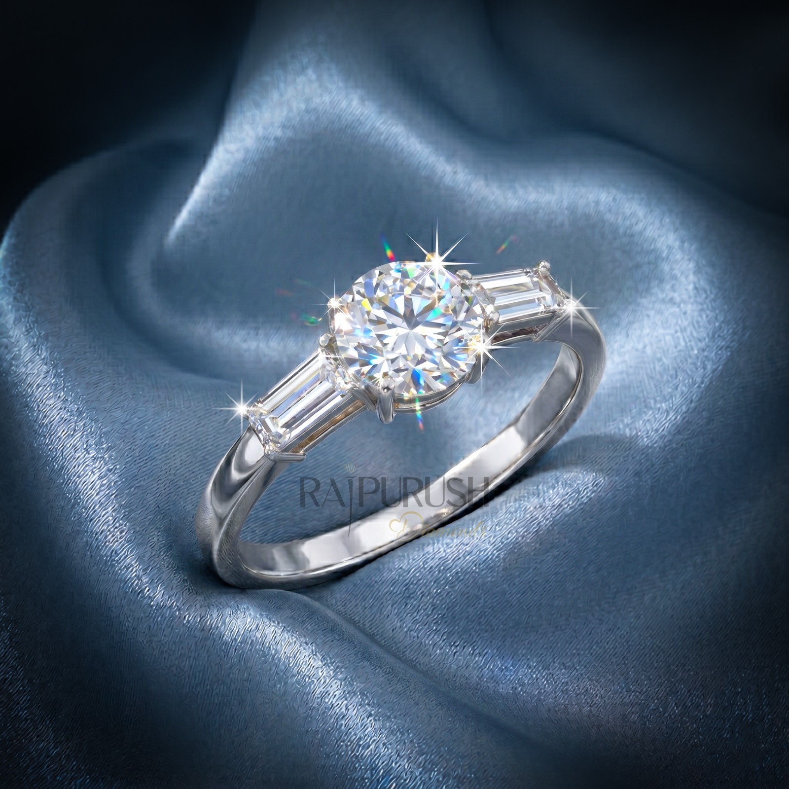 Round Moissanite Three Stone Engagement Ring Baguette 14K Gold Plated in Silver