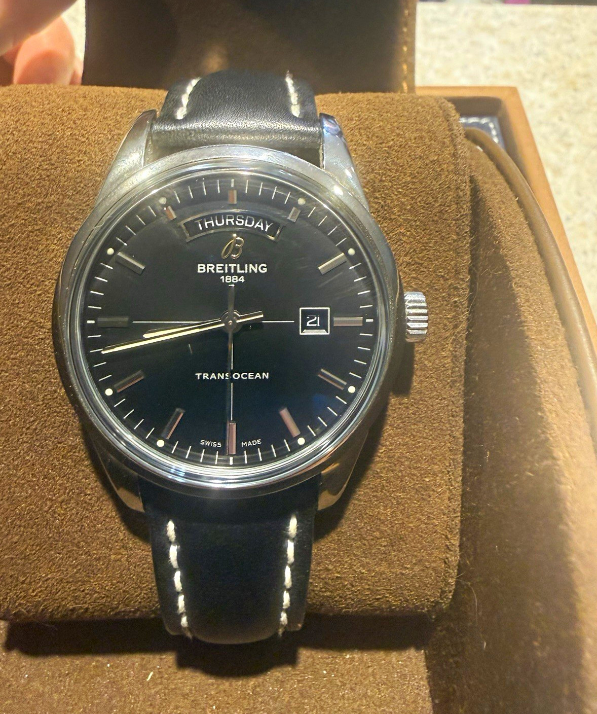 Breitling Transocean Day-Date A45310 Black Dial — Runs Perfectly — Dial is Loose
