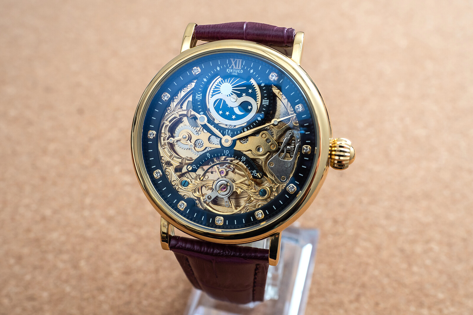 Mens Gold Dual Time Flywheel Automatic Mechanical Watch Black Purple Leather