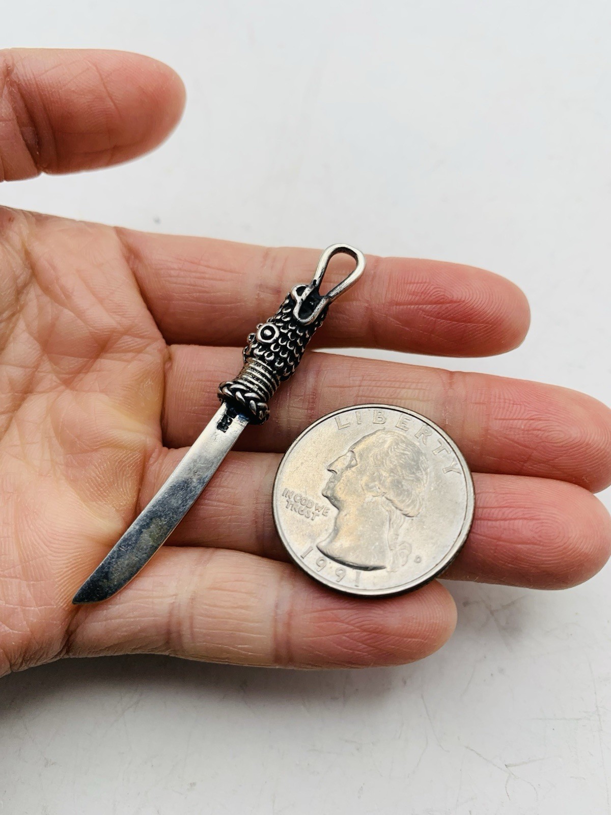 Vintage Sterling Silver 925 Asian Dragon Animal Dagger Knife Sword Charm Pendant