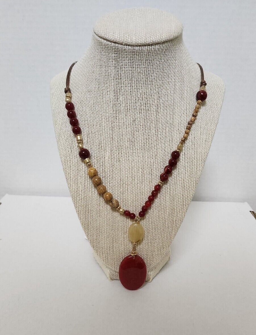 Ashley Cooper Multi Strand String Beaded Necklace with Semi-Precious Stone Red