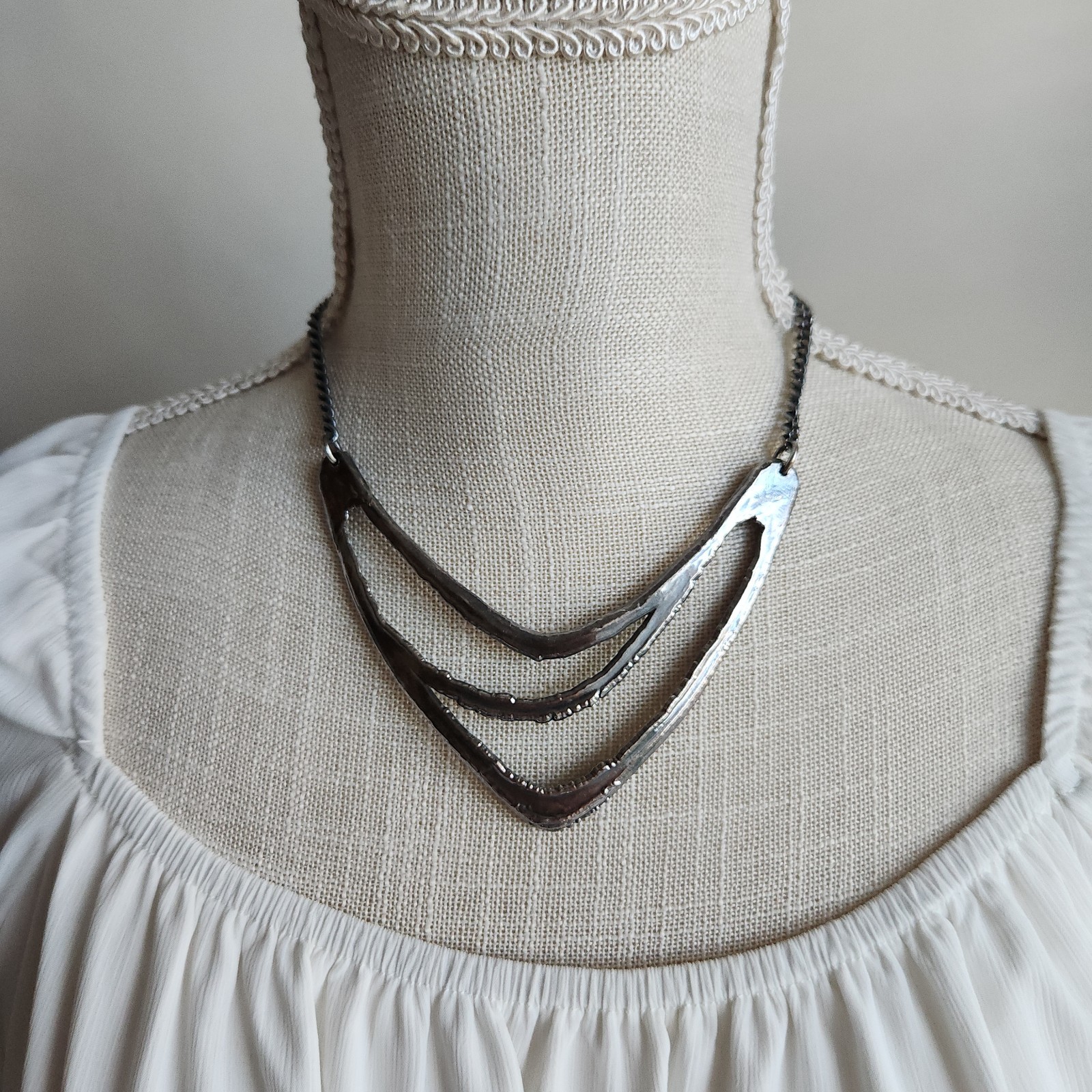 Artisan Hammered Oxidized Silver Necklace by AJ | Layered Abstract Modernist