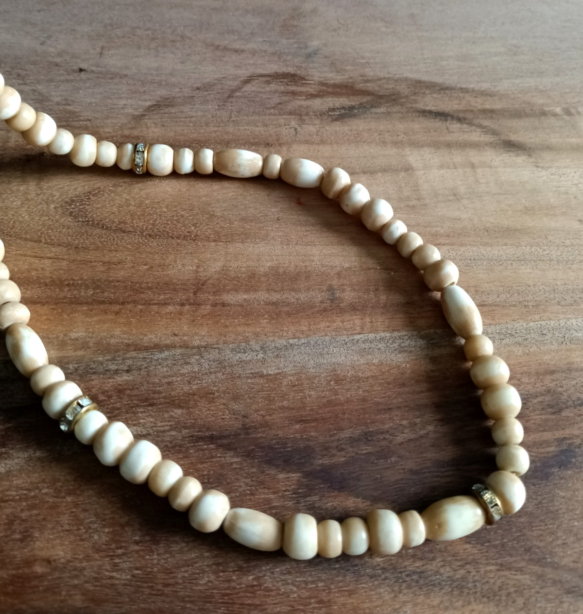 Natural Stone Necklace Bead Neutral Beige Cream Boho Long Rhinestone Spacer 34″