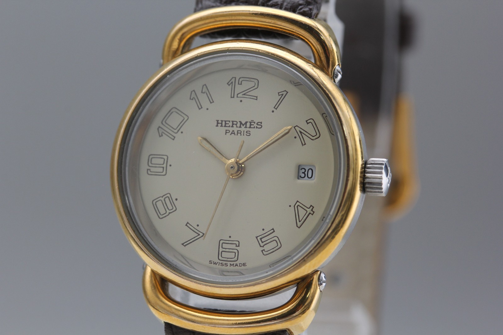Serviced【Near MINT / Box】HERMES Pullman 24mm Gold Dial Quartz Date Women’s Watch