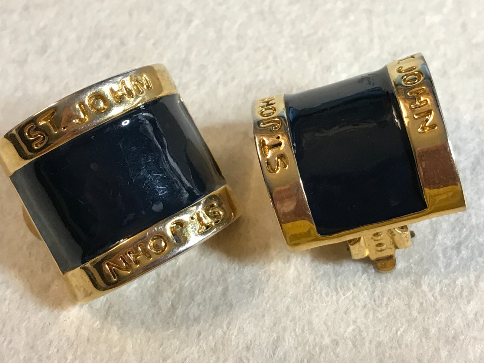 Dark Navy Blue Enamel & Shiny Gold Tone ST JOHN Signature Clip On Earrings