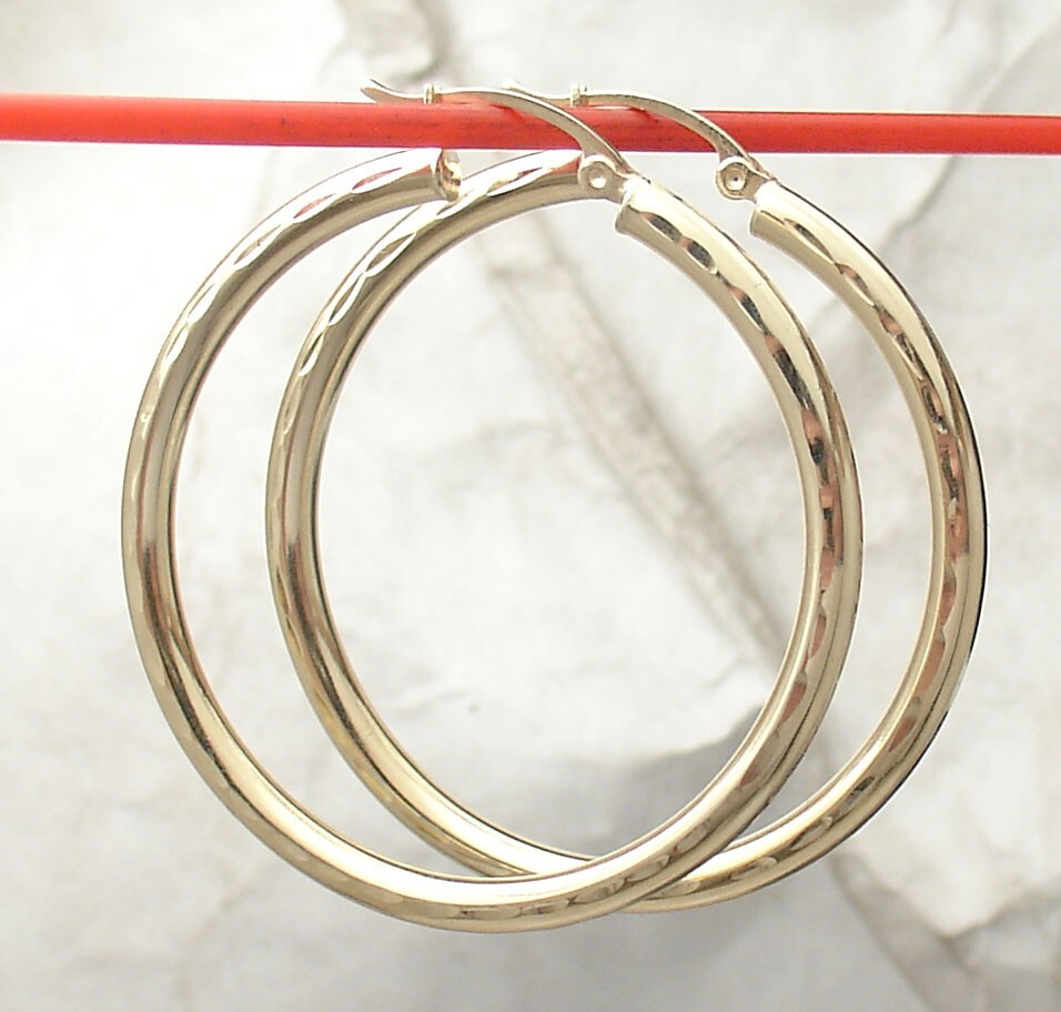 1.5″ Diamond Cut Hoop Earrings REAL 10K Yellow Gold FREE SHIPPING 3mm X 40mm