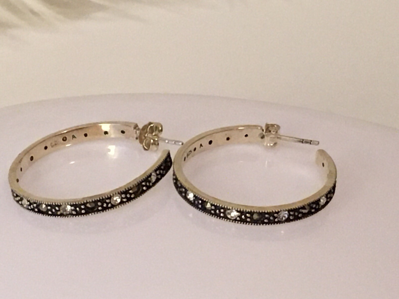 Vintage Sterling Silver Marcasite & Clear Stones Hoop Earrings 5.4 Gram Wt