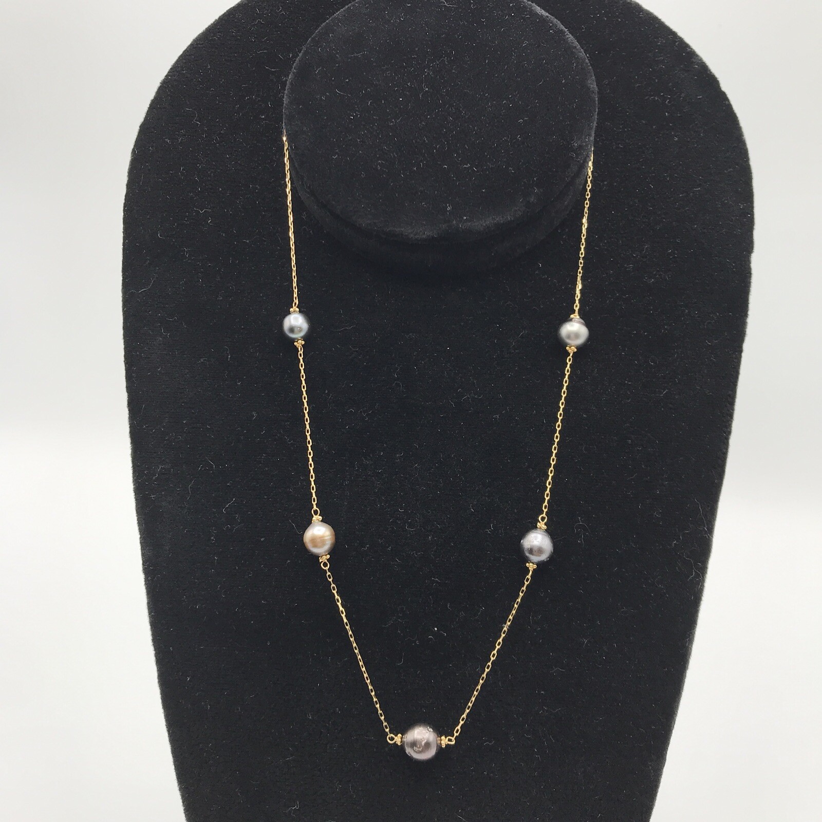14k Yellow Gold Freshwater Black Gray Pearl Floating Station Necklace Choker 17”