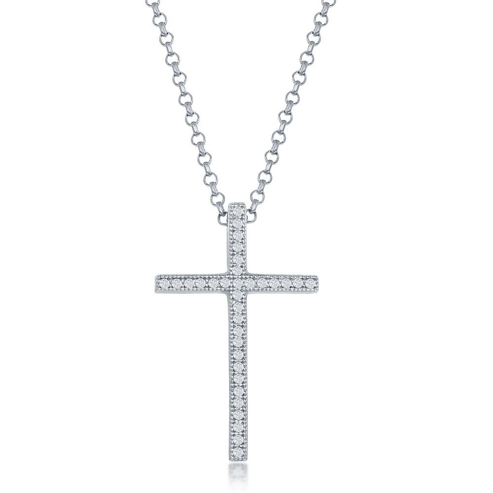 Sterling Silver 16x26mm Micro Pave Cross Pendant – Large Rhodium Plated