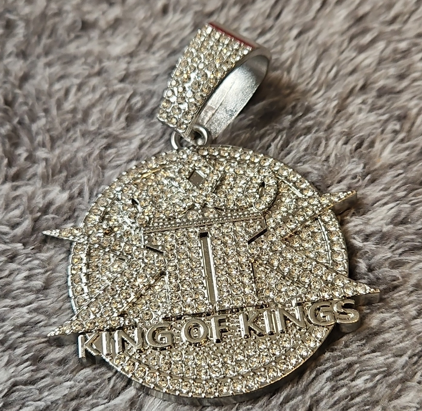 Cz Sterling Silver Round Religious “King of Kings” Charm Pendant W/ Chain