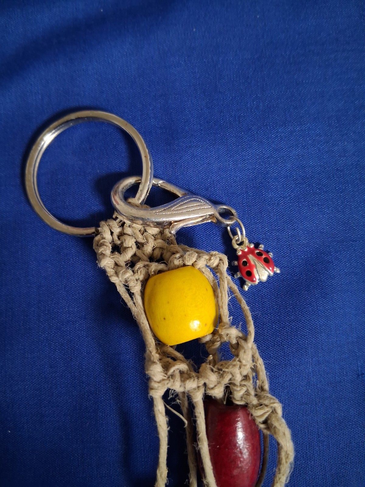 Key Chain, Vintage, Beaded, Macrame, Lady Bug Charm