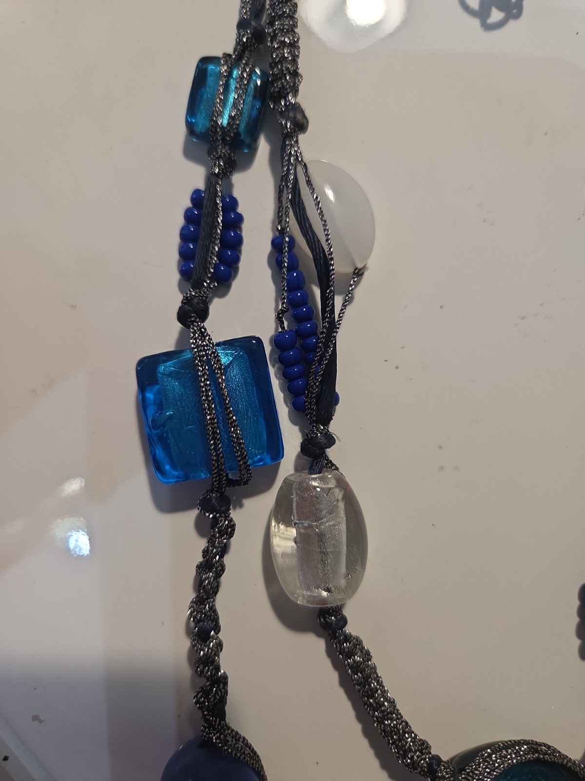 Chico’s Blue Glass Beaded Multi Strand Statement Necklace Adjustable Silver Tone