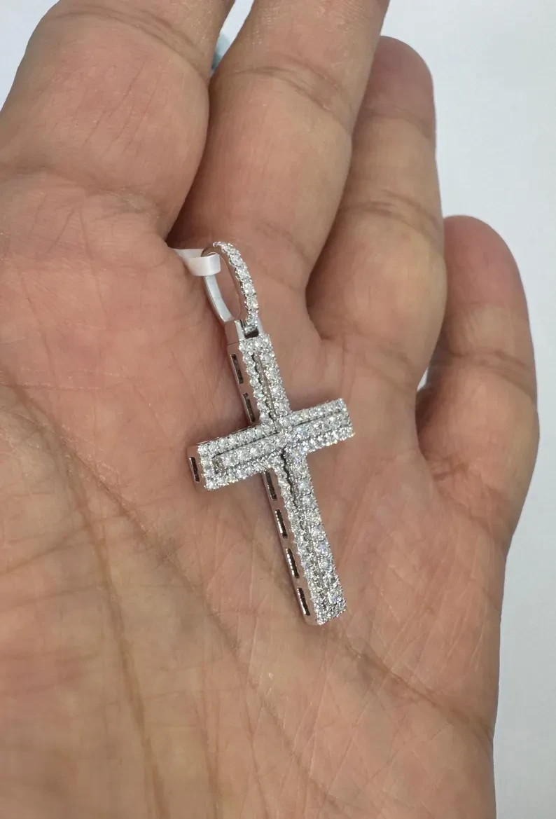 0.89Ct Round Cut Moissanite Cross Square Pave Set Pendant 14K White Gold Plated