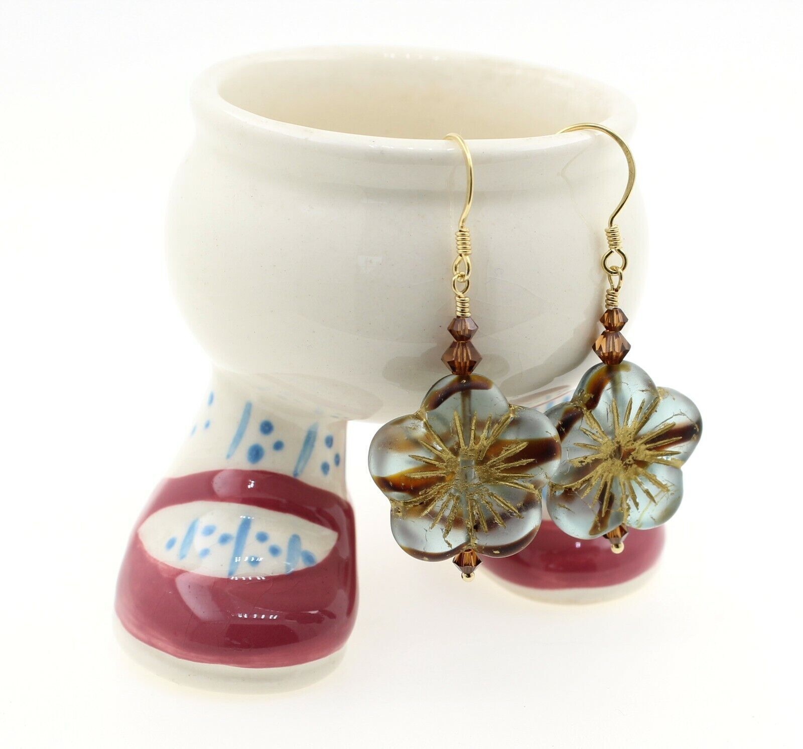 Flower Earrings Frost Seaglass Stripes Blue Glass Caramel Swarovski Vermeil Gold