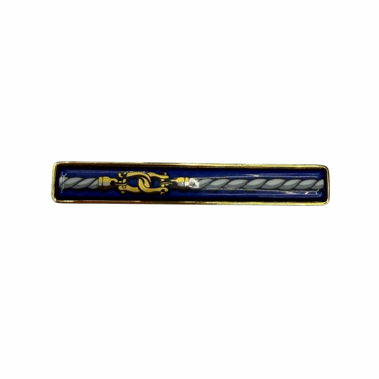 Hermes Men’s Authentic Tie Clip Bar Gold Plated Blue Enamel Cloisonné euc