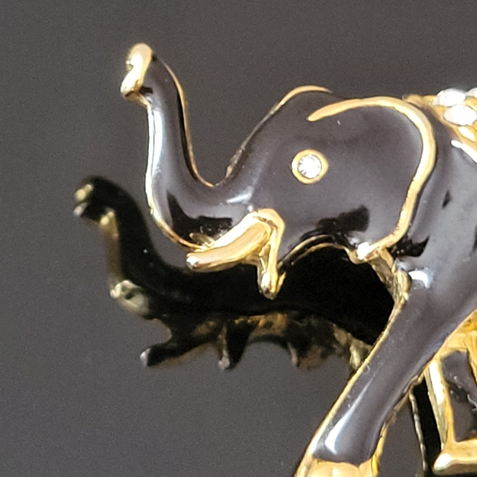 Exquisite Elephant Black and Gold Enamel with Rhinestones on Top and Eye