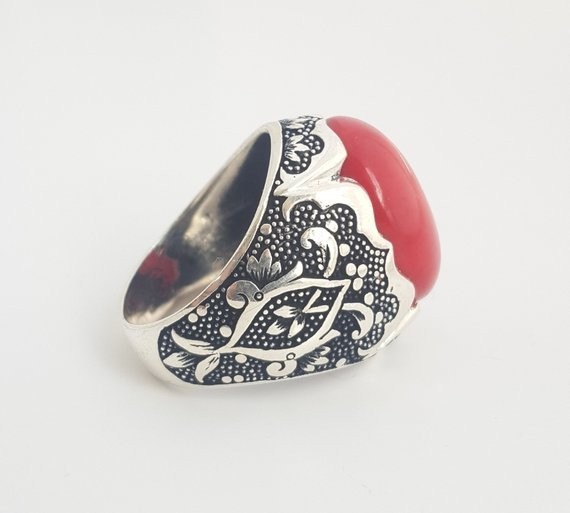 Solid 925 Sterling Silver AA Italian Red Coral Gemstone Signet Men’s Unisex Ring