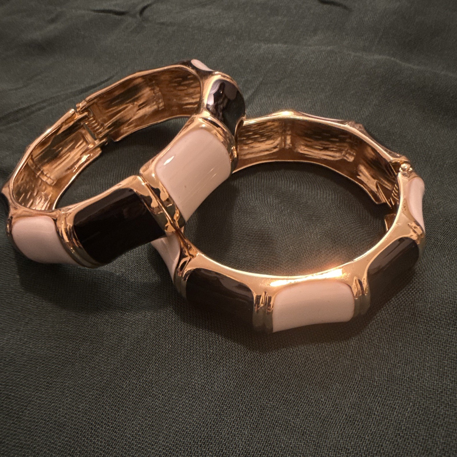 Set of 2 Gold Tone Black White Enamel Bangle Bracelets No Stone
