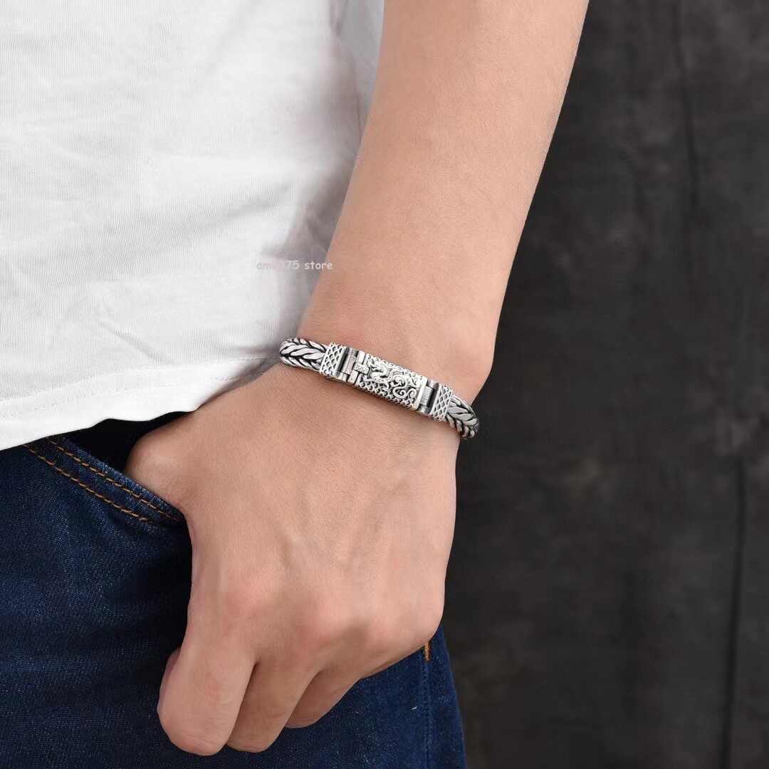 Real S925 Sterling Silver Bracelet Men Women 9mm Dragon Weave Link Chain