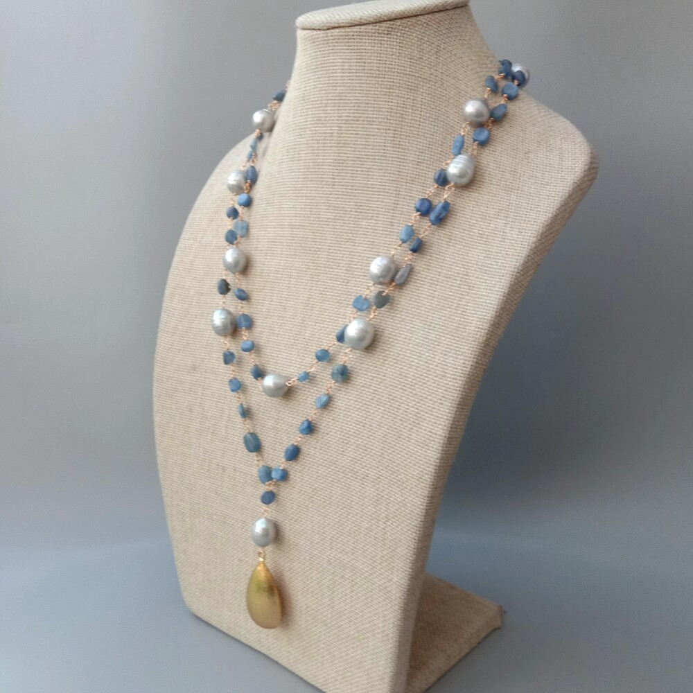 21″ Blue Kyanite Gray Rice Pearl Necklace Teardrop Brushed Gold Plated Pendant