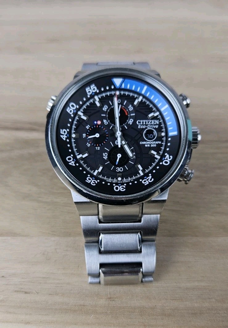 Citizen Eco-Drive Chronograph Solar Quartz 48.5mm BlueDial WR200 Watch Working