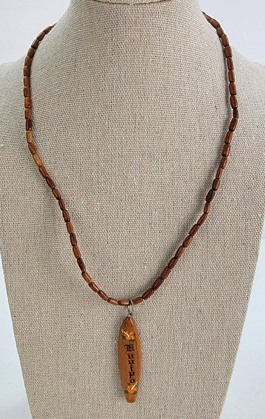 Vintage Hawaiian Ku’uipo Surfboard Pendant Wood Bead Necklace 18.5 In