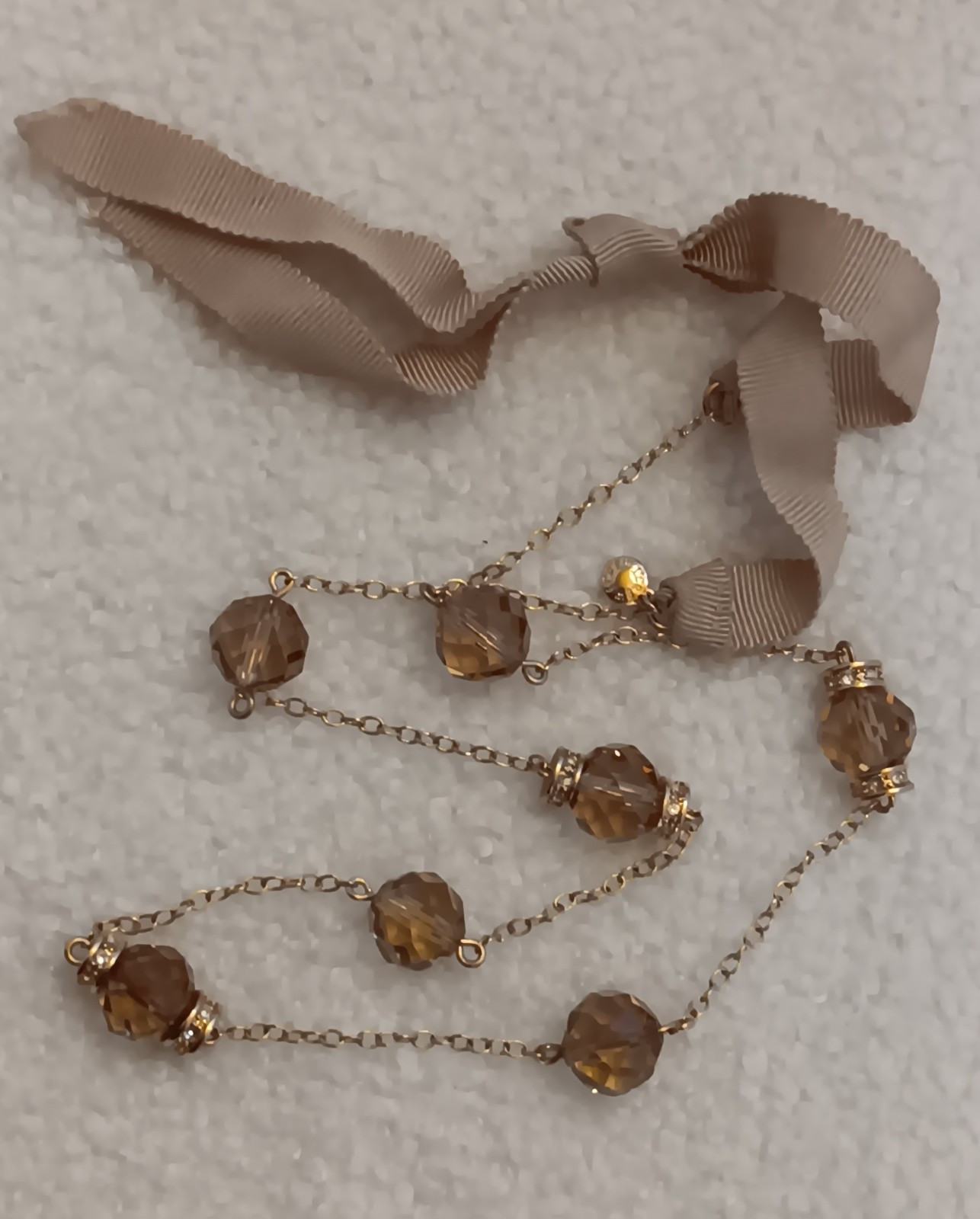 J Crew Goldtone Faceted Smoky Crystal Station Necklace Ribbon Closure 20-30 in