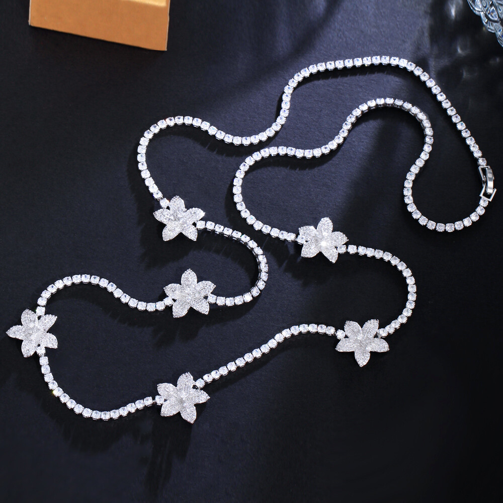 82cm Silver Plated Cubic Zircon White Flower Long Necklace Women Wedding Jewelry