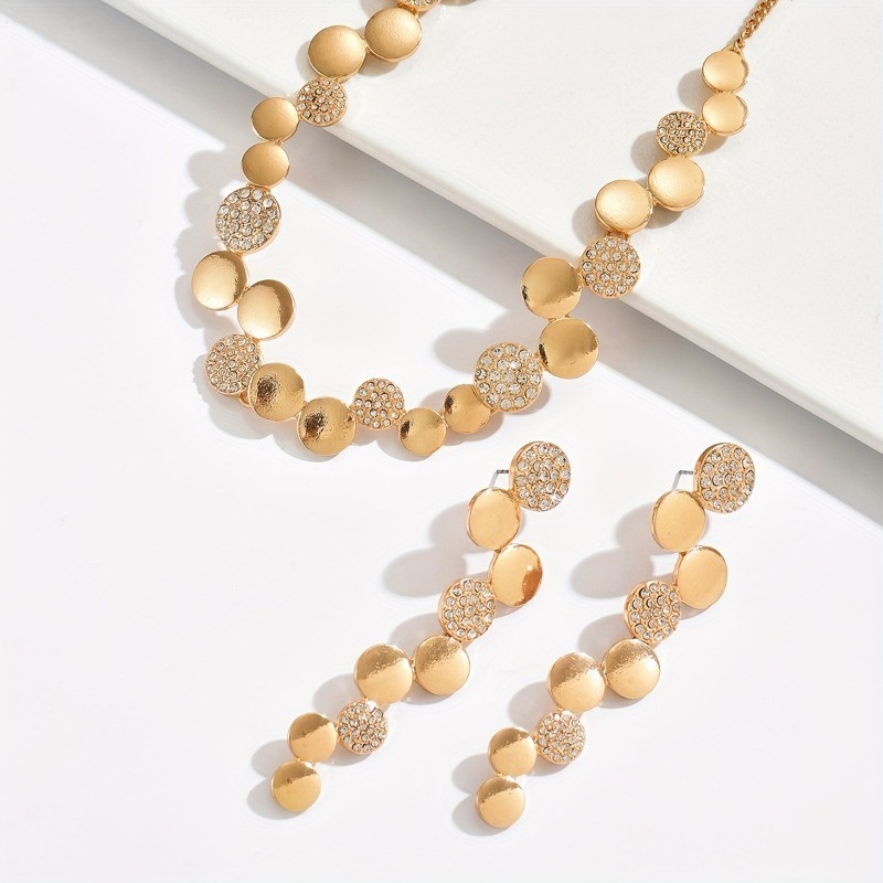 Gold Tone Sequin Disc Necklace Earrings Set Rhinestone Circle Choker Jewelry W