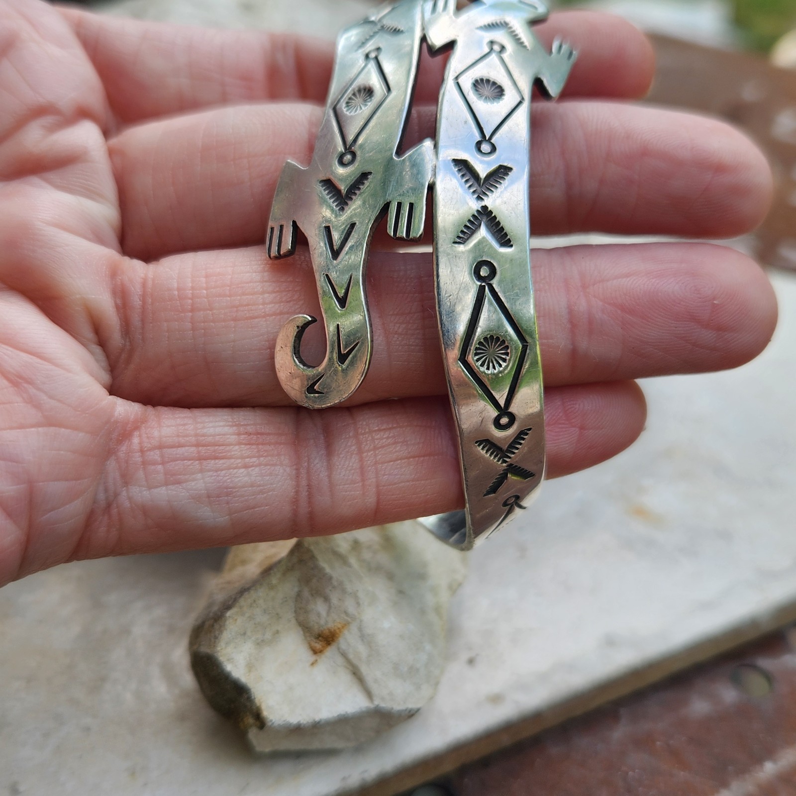 Vintage Navajo Gecko Lizard Wrap Cuff Bracelet Hand Stamped Sterling