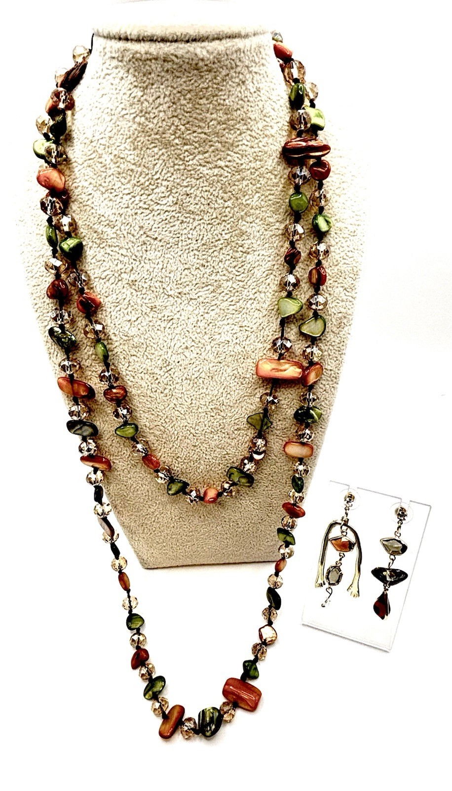 Artisan Dyed MOP & Crystal Long Necklace Asymmetrical Drop Earrings Set