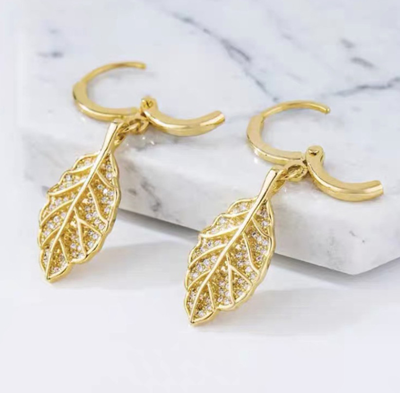 Women 925 Sterling Silver Dangle Pave CZ Hanging Leaf Huggie Hoop Earrings PE25
