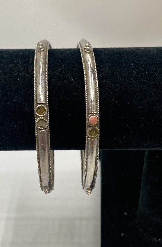 Sterling Silver 925 Multi-Stone Bangle Bracelets Lot of 2 Stackable 7 1/8″ 20g