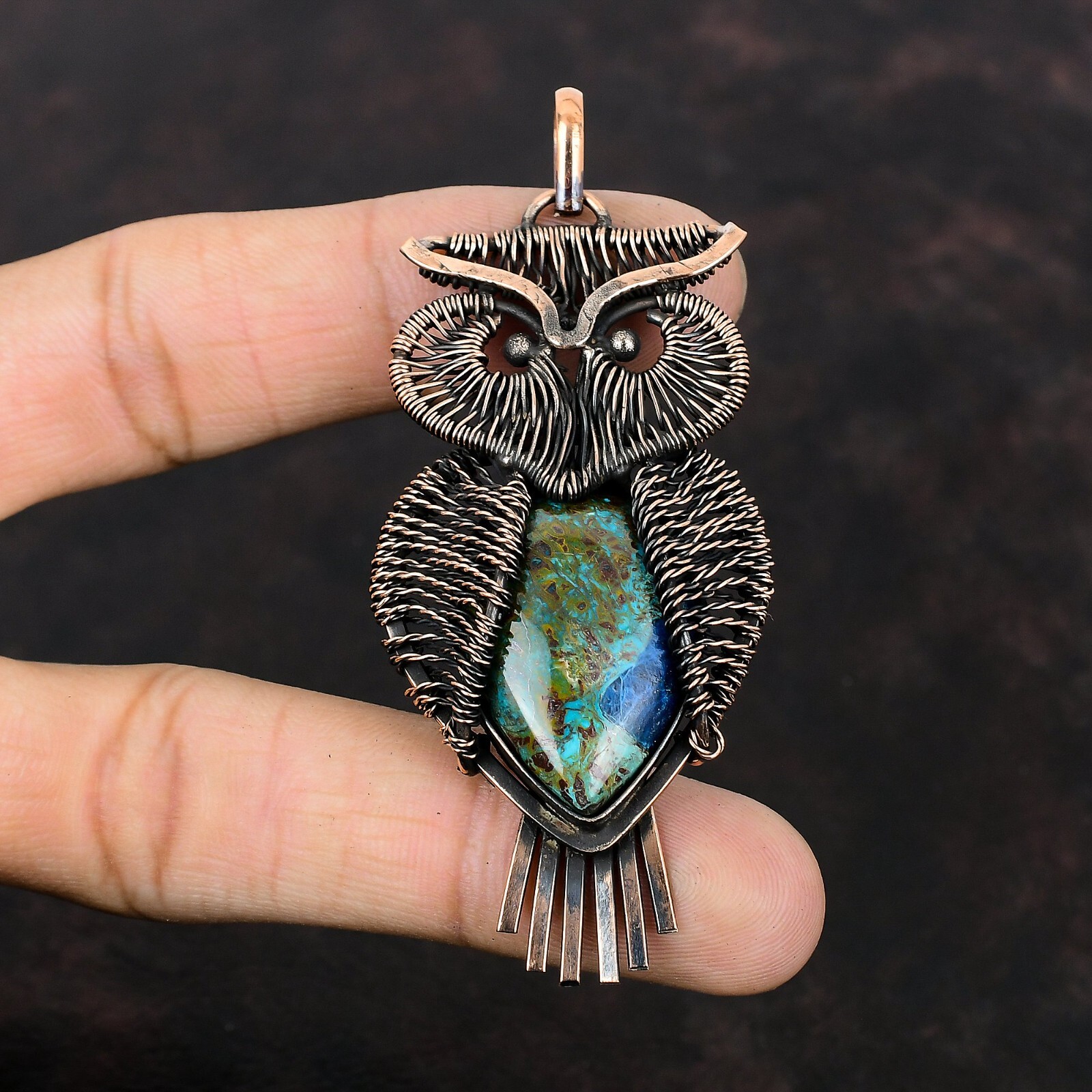Azurite Malachite Jewelry Copper Friend Gift Wire Wrapped Owl Pendant 3.15″