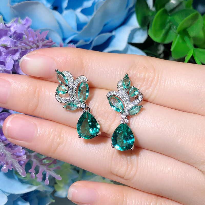 Women Silver Plated Green Cubic Zirconia Leaf Dangle Drop Earrings Party Jewelry