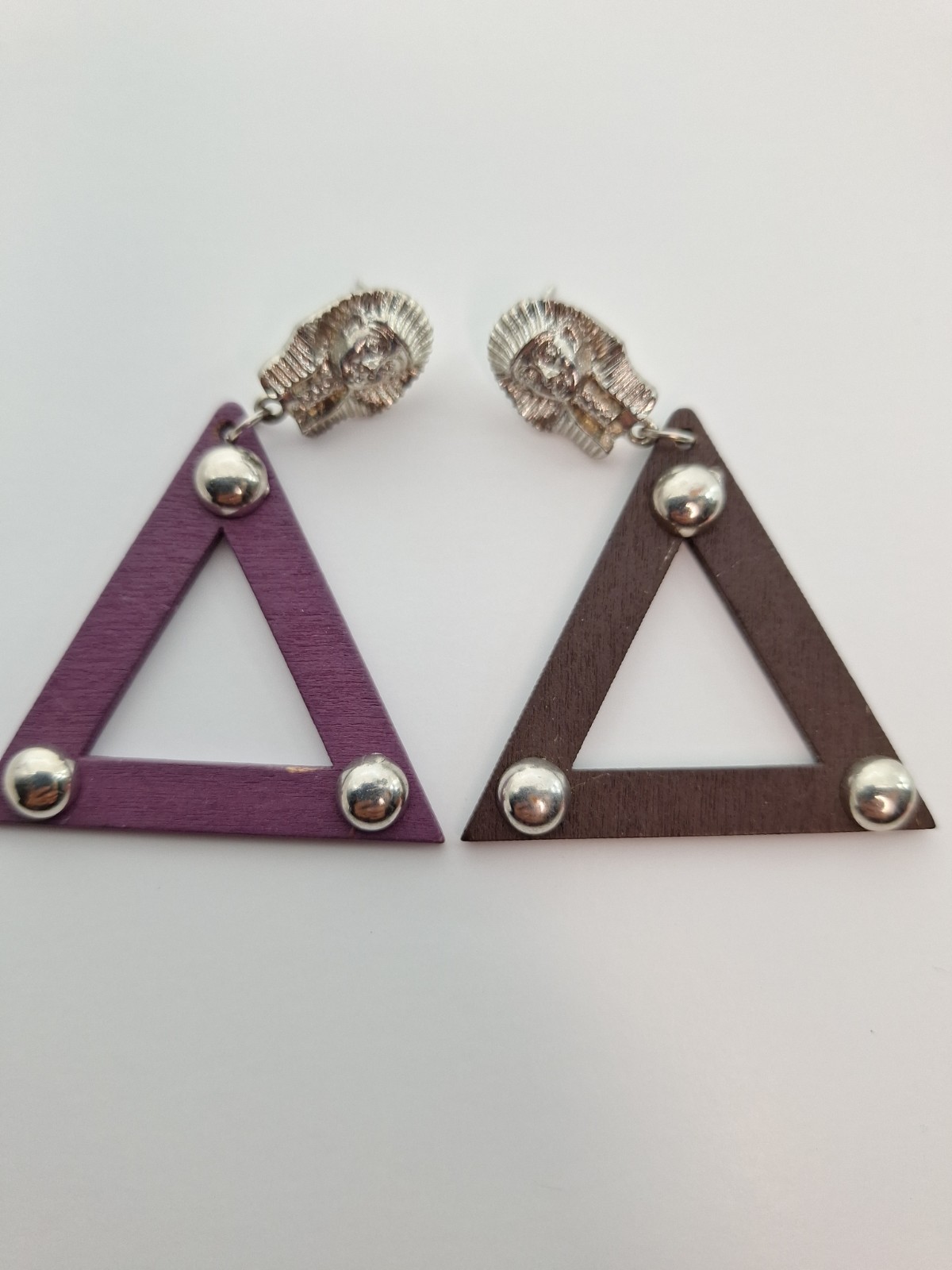 Mismatched Egyptian Pharaoh King Tut Open Triangle Wood Dangle Earrings Studs