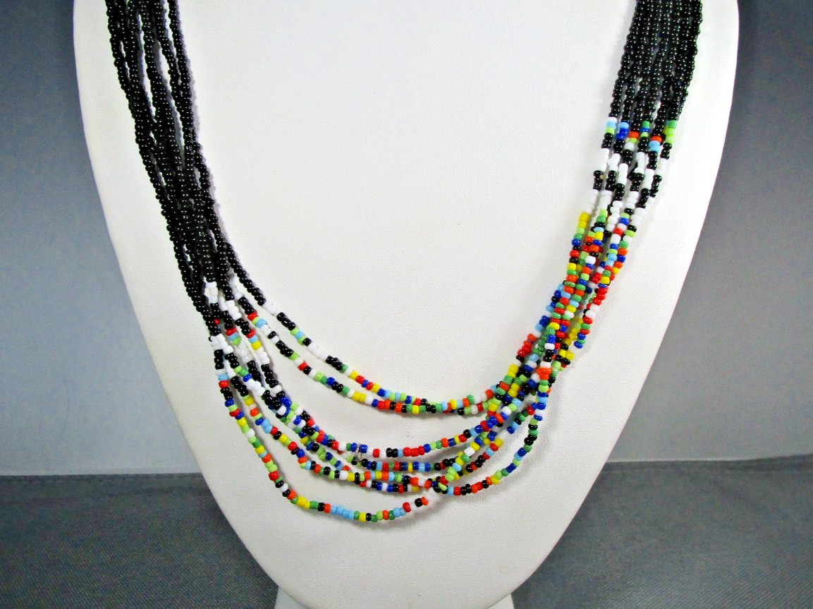 Southwestern 7 Stand Micro Multi Color Black Seed Bead Boho Necklace 28″