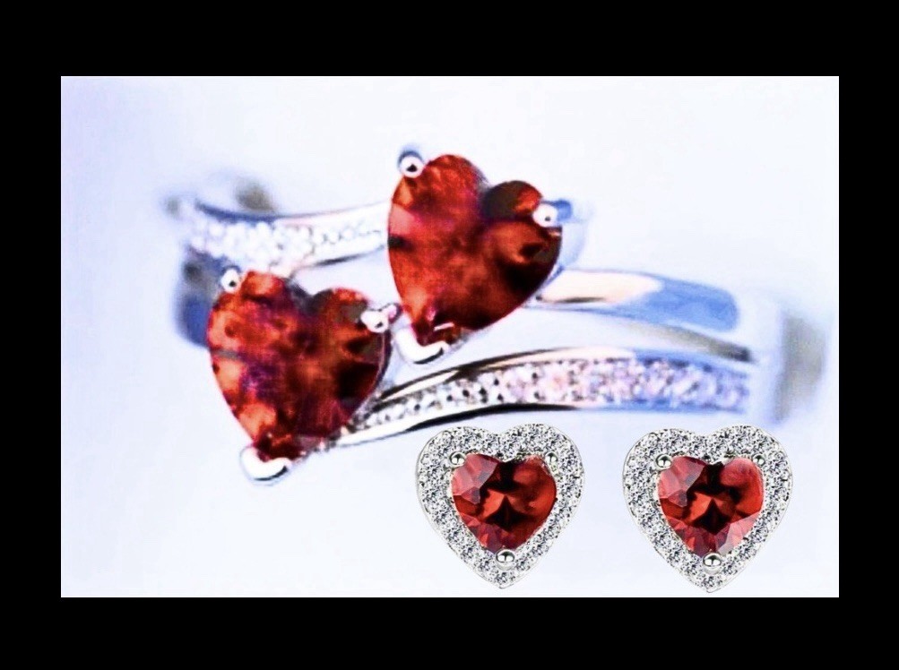 Exquisite Red Garnet CZ Double Heart Ring Size 10 & CZ Halo Heart Earrings Set