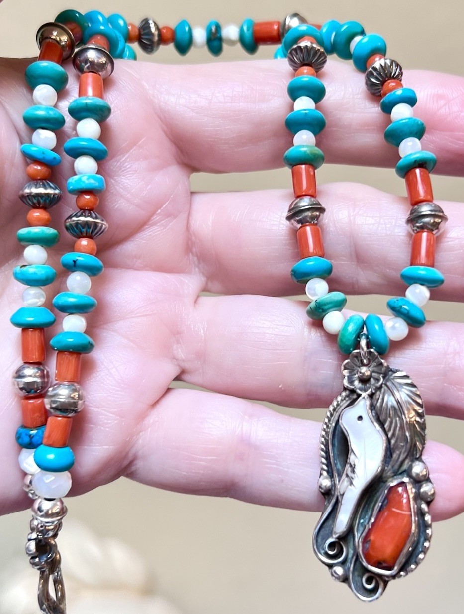 LOVELY Native, Navajo Signed Sterling Silver Turquoise, Coral, Etc Bird Necklace