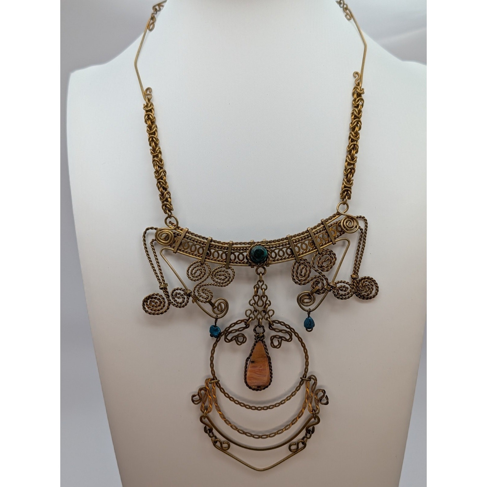 Vtg Handmade Intricate Brass Wire Twisted Filigree Necklace Natural Stone Accent