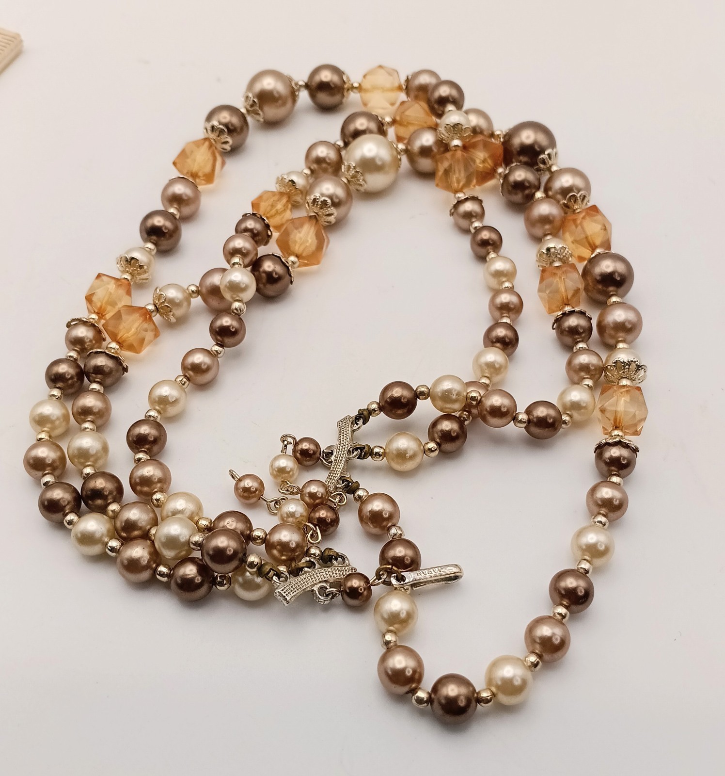 Vintage 3 Strand Faux Pearl Necklace Amber Glass Beads Japan Signed Mid Century
